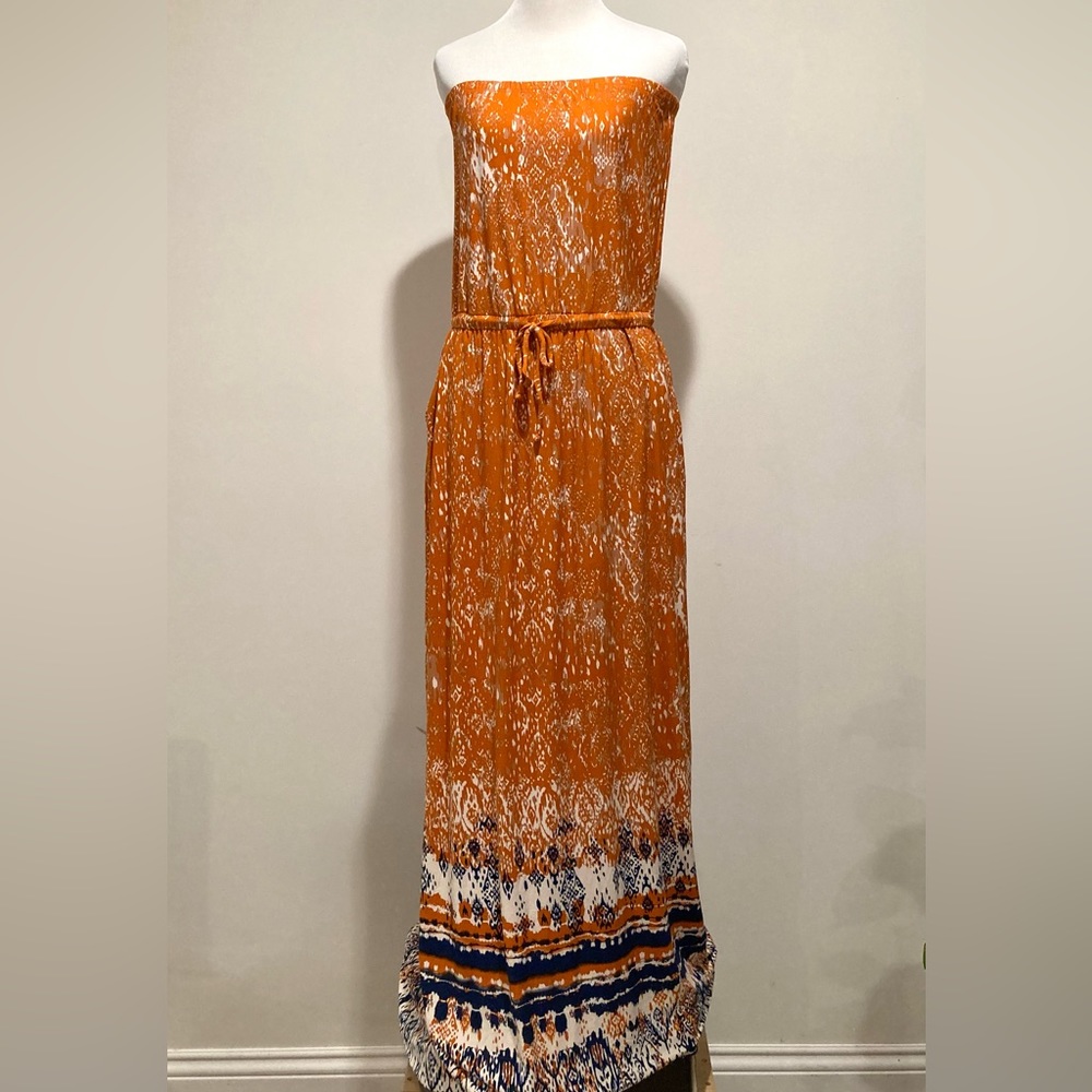 Artisan NY Strapless Maxi Dress, Size M, Rust Orange & Navy